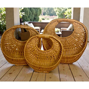 Set of 3 Round Woven Rattan Baskets Boho Coastal Handle Basket Decor